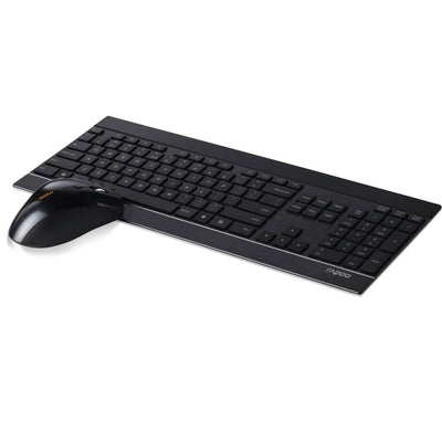 Rapoo 8900P kabelloses Tastatur-Maus Set Wireless Deskset 1600 DPI Laser Sensor 12 Monate Batterielaufzeit ergonomisch für Rechtshänder DE-Layout QWERTZ PC & Mac - schwarz