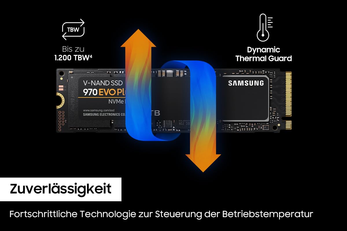 Samsung 970 EVO Plus NVMe M.2 SSD, 1 TB, PCIe 3.0, 3.500 MB/s Lesen, 3.200 MB/s Schreiben, Interne SSD für Gaming und Grafikbearbeitung, MZ-V7S1T0BW