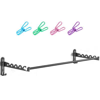 LIVEHITOP Kleiderstange Wand, Faltbarer Wäscheständer Zubehör Kleiderbügel Hakenstange Stange Aluminium für Badezimmer Schlafzimmer Hotel (Schwarz, 2)