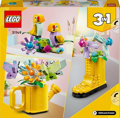 LEGO Creator 3in1 Gießkanne mit Blumen Set, Kinderzimmer-Deko, Baue eine Gießkanne mit Blumenstrauß, Gummistiefel oder 2 Spielzeug-Vögel, kreatives Geschenk für Mädchen und Jungen ab 8 Jahren 31149