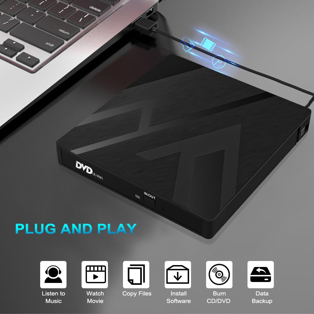 JBonest Externes CD DVD Laufwerk USB 3.0 Typ-C, Extern mit SD/TF-Kartenleser Portable RW Brenner,Schnelle Datenübertragung für Laptop,Desktop,MacBook,Win11/10/8/7/XP, Linux,Mac OS,Vista