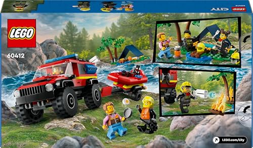 LEGO 60412 City Feuerwehrgeländewagen mit Rettungsboot, Offroad-Auto-Spielzeug für Kinder ab 5 Jahren, Rettungswagen mit Schlauchboot, Anhänger, Zelt und 3 Minifiguren, Geschenk für Jungs und Mädchen