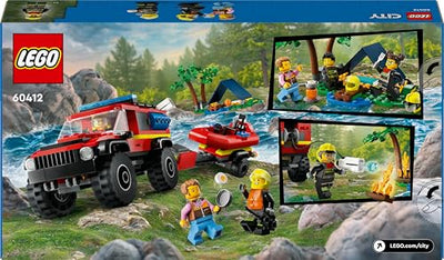 LEGO 60412 City Feuerwehrgeländewagen mit Rettungsboot, Offroad-Auto-Spielzeug für Kinder ab 5 Jahren, Rettungswagen mit Schlauchboot, Anhänger, Zelt und 3 Minifiguren, Geschenk für Jungs und Mädchen