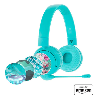 Brandneu und „Made for Amazon“: Bluetooth-Kinderkopfhörer BuddyPhones PopTime Pro mit Lautstärkebegrenzung und Bügelmikrofon (Alter: 3-12 Jahre), Blaugrün