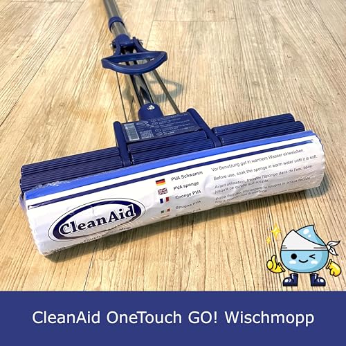 CleanAid OneTouch GO! Wischmopp, Bodenwischer, Wringmopp, Wischer mit Auswringfunktion - besonders saugstark - mit PVA Schwamm und Segmentstiel aus Edelstahl
