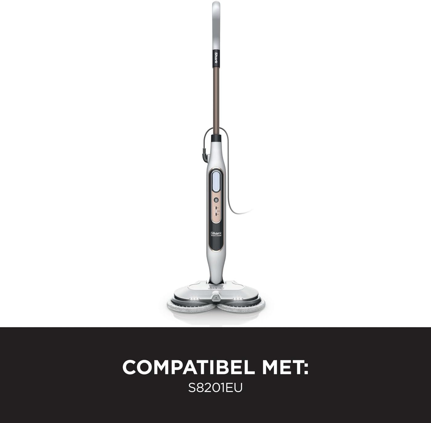 Shark Dampfreiniger, automatischer Dampfbesen mit Steam Blaster, 2 rotierende Power Pads, 3 Dampfstufen, desinfiziert, entfernt Flecken und Schmutz, für versiegelte Hartböden, weiß und grau S8201EU