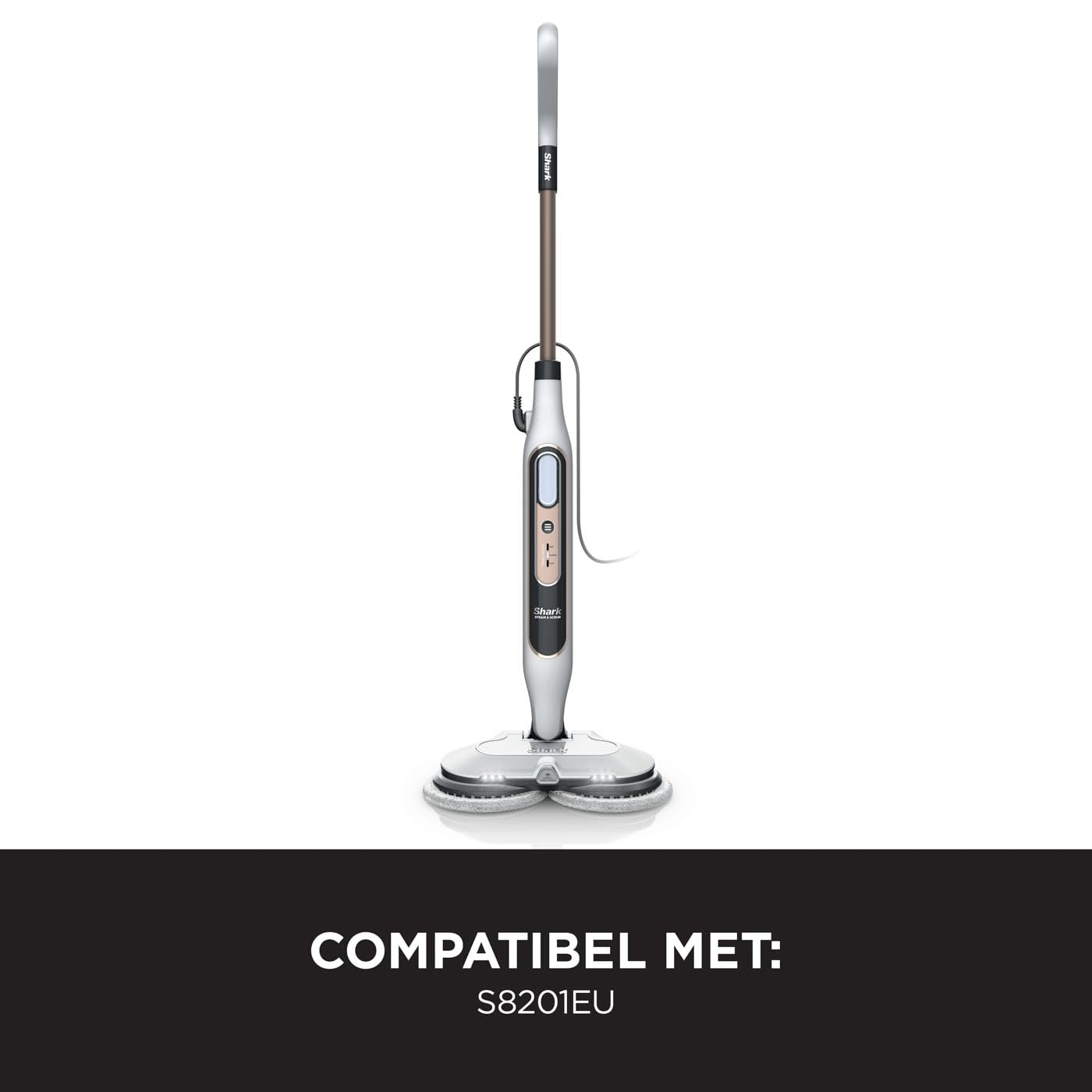 Shark Dampfreiniger, automatischer Dampfbesen mit Steam Blaster, 2 rotierende Power Pads, 3 Dampfstufen, desinfiziert, entfernt Flecken und Schmutz, für versiegelte Hartböden, weiß und grau S8201EU