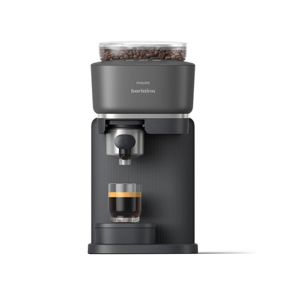 Philips Baristina Espressomaschine - Real Espresso, made simple. Kompakte Kaffeemaschine, Naturweiß mit Eschenholz-Siebträger, 16-bar-Pumpendruck, automatisches Mahlwerk, Cafe Crema (BAR302/20)