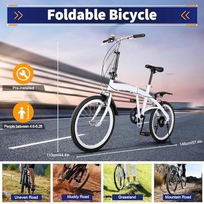 MEHOOSPVN 20-Zoll-Faltrad, Klapprad mit 6 Gang-Schaltung, höhenverstellbares Carbonstahl-Faltrad, Federgabel Fahrräder Klappfahrrad für Kinder oder Erwachsene mit Schutzblechen, Weiß