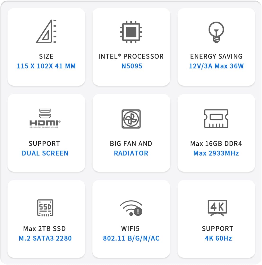 Beelink Mini S Mini-PC W11 Pro, Prozessor der 11. Generation N5095 (max. 2,9 GHz), 8 GB DDR4 + 128 GB SSD, WiFi 5 (802.11 b/g/n/ac), Bluetooth 4.0, Dual HDMI, 4k, USB 3.0