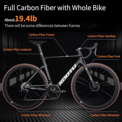 KOOTU Carbon-Rennrad, Vollcarbon-Scheibenbremse Leichtbau-Rennrad mit R7120 24-Gang-Gruppenschaltung und hydraulischer Scheibenbremse für Erwachsene（Black，54cm）