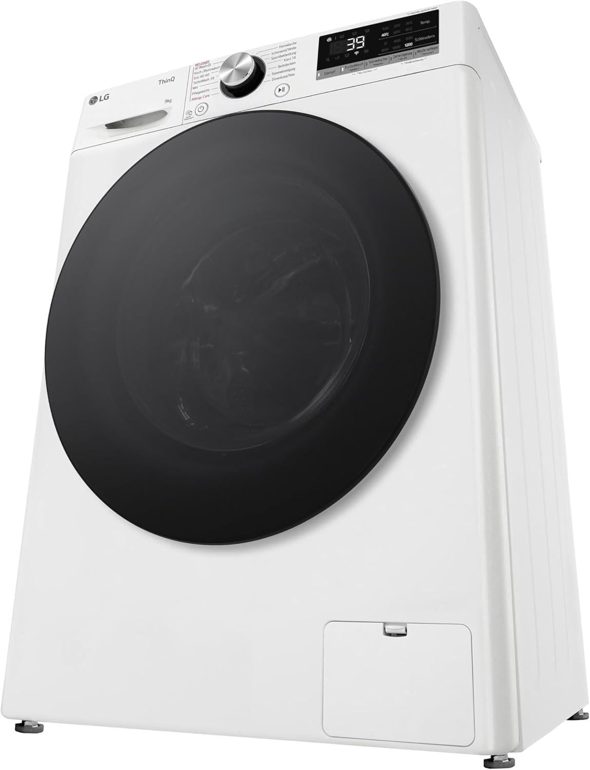 LG F2V7SLIM9, Klasse A, Waschmaschine Slim 9 kg, 60x47.5x85 cm, Wi-Fi, AI Direct Drive, Tiefenreinigung mit Dampf, TurboWash 360°, Außentür aus Gehärtetem Glas, Weiß mit Schwarzem Bullaugenring