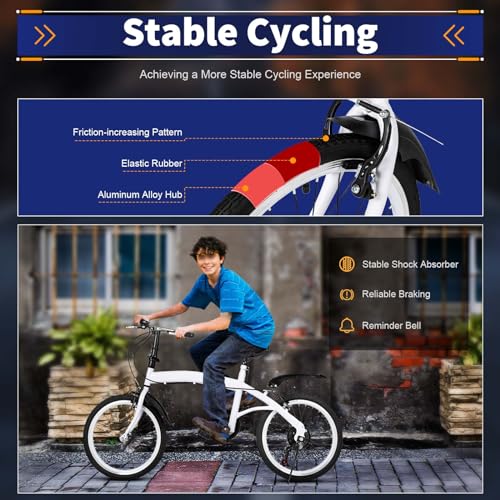 MEHOOSPVN 20-Zoll-Faltrad, Klapprad mit 6 Gang-Schaltung, höhenverstellbares Carbonstahl-Faltrad, Federgabel Fahrräder Klappfahrrad für Kinder oder Erwachsene mit Schutzblechen, Weiß