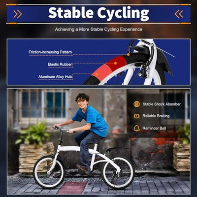 MEHOOSPVN 20-Zoll-Faltrad, Klapprad mit 6 Gang-Schaltung, höhenverstellbares Carbonstahl-Faltrad, Federgabel Fahrräder Klappfahrrad für Kinder oder Erwachsene mit Schutzblechen, Weiß