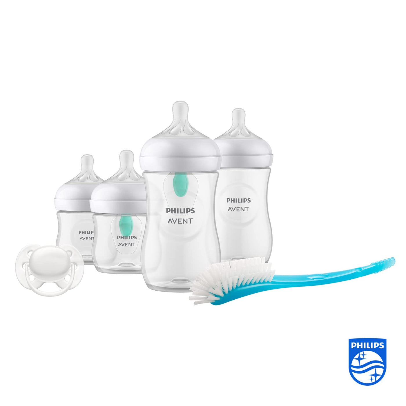 Philips Avent Babyflaschen mit AirFree Ventil, Geschenkset für Neugeborene – 4 Babyflaschen, ultra soft Schnuller und Flaschenbürste, Babys von 0–12 Monaten und älter (Modell SCD657/11)