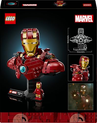 LEGO ǀ Marvel Iron Man MK4 Büste - Bauset für Erwachsene zum Ausstellen inkl. Tony Stark Minifigur, mit einziehbaren Kanonen und einem drehbaren Kopf - Sammlerstück & Geschenkidee für Fans - 76327