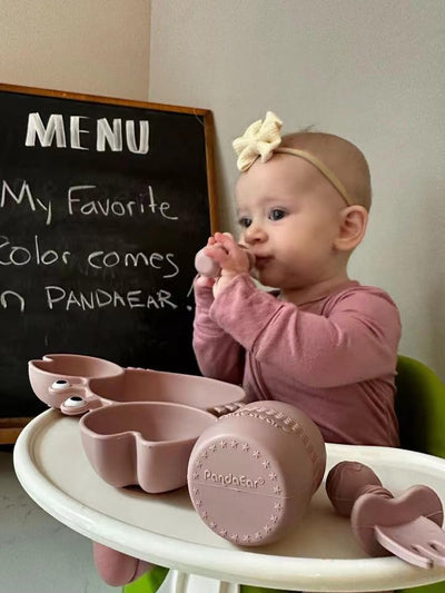 PandaEar Unterteilter Kinderteller mit Saugnapf und Trinklernbecher, Löffel - Rutschfester Silikon Babyteller 3 Geteilte, BPA-frei Babygeschirr Essens Set