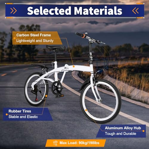 MEHOOSPVN 20-Zoll-Faltrad, Klapprad mit 6 Gang-Schaltung, höhenverstellbares Carbonstahl-Faltrad, Federgabel Fahrräder Klappfahrrad für Kinder oder Erwachsene mit Schutzblechen, Weiß