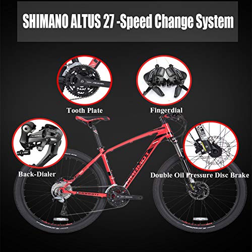Wmmner Mountainbikes 27,5 Zoll für Erwachsene, Männer, Frauen, Mountainbike, starr, aus Aluminiumlegierung, 27 Gänge, mit Vorderradaufhängung, Doppelscheibenbremse und verstellbarem Sitz, rot, 38,1 cm