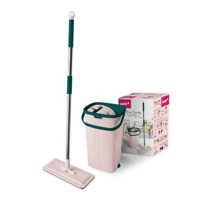 York Flachmopp Handy | Wischmopp Set mit Eimer Zweikammer | Innovativ Automatisches Auspresssystem | Eimer Kapazität 6 Liter Moppabmessungen 31x12cm Klappbarer Griff Länge 120cm | Rosa-Grün…