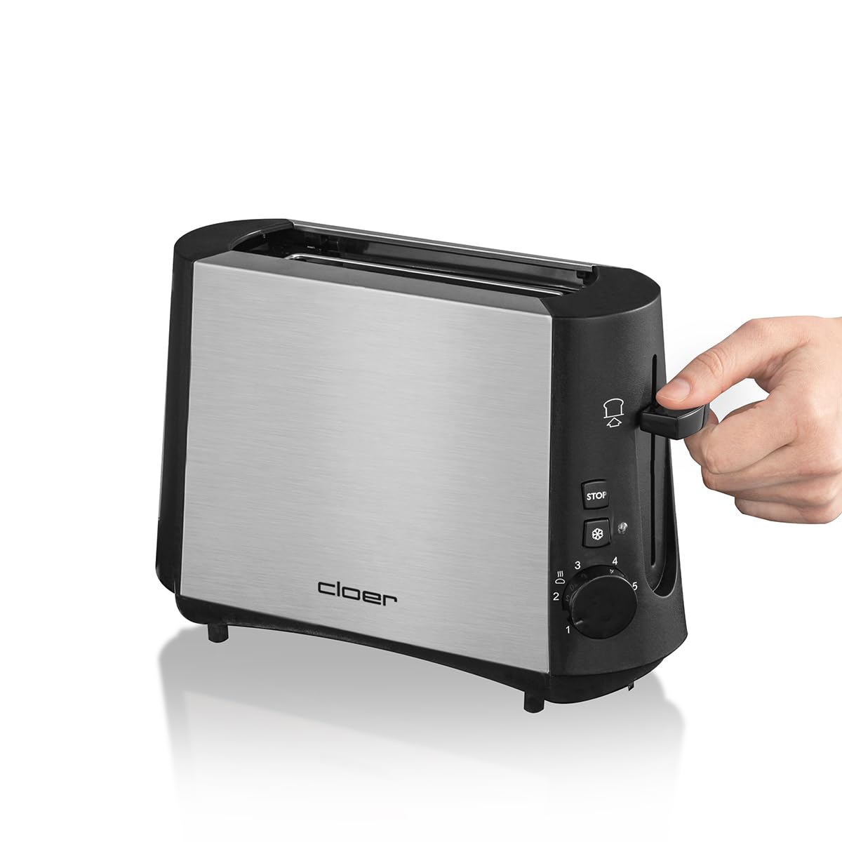 Cloer 3890 Single-Toaster, Minitoaster für 1 Toastscheibe, 600 W, "Auftau-Funktion", Krümelschublade, Nachhebevorrichtung, mattiertes wärmeisoliertes Edelstahlgehäuse