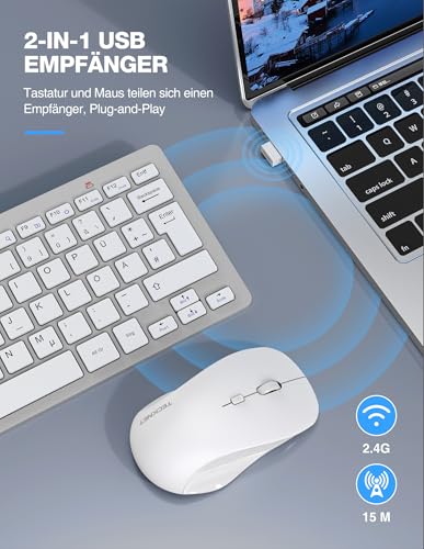 TECKNET Kabelloses Tastatur Maus Set, Deutsch QWERTZ Layout, 2.4 GHz Funk Mini Tastatur Mouse, 15m Reichweite Verbindung, Wireless Leise Funktastatur mit Maus für PC, Laptop, Smart TV, Silber
