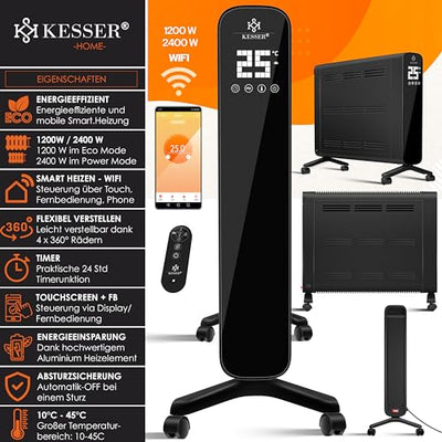 KESSER® Konvektor Premium 1200W ECO 2400W Power Mode Heizstufen Thermostat Elektroheizung WiFi App & Fernbedienung Touch-Display Timer mobiles Heizgerät Energiesparend Überhitzungsschutz Schwarz