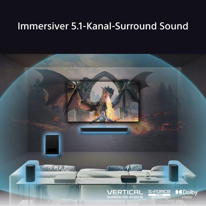 Sony BRAVIA Theatre System 6 (5.1-Kanal-Surround Sound, 1000 W, inkl. Rücklautsprecher & Subwoofer, Dolby Atmos, DTS:X, AI Voice Zoom 3 mit BRAVIA TV, DSEE, Multi-Stereo-Party-Modus) Schwarz