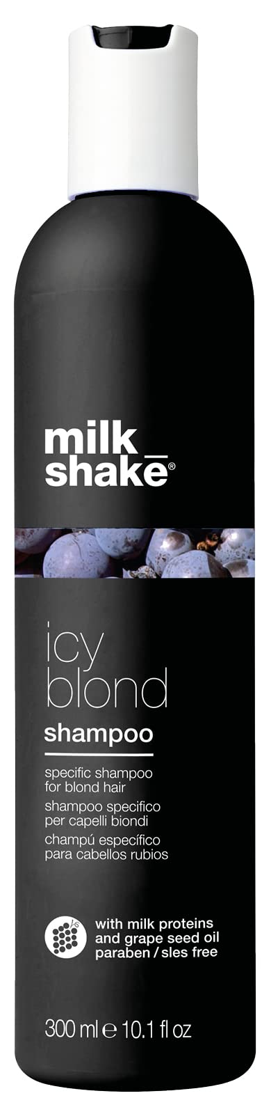 milk_shake® | icy blond shampoo | Spezielles Shampoo für blondes oder gebleichtes Haar | 300 ml | Anti-gelb Shampoo mit Schwarzpigmenten