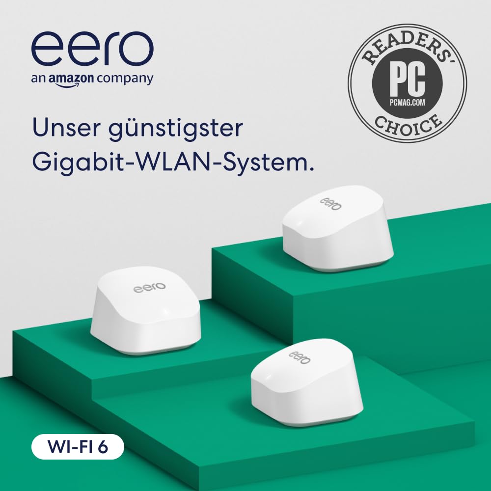Amazon eero 6+ Mesh-WLAN-Router | 1-Gbit/s-Ethernet | Bis zu 420 m² Abdeckung | Für Verbindungen mit über 75 Geräten | Dreierpack | 2022