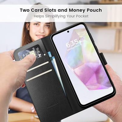 Peakally Handyhülle für Samsung Galaxy A35 5G Hülle [mit Panzer Schutz Glas], [RFID-Blockierung] Premium PU Leder Schutzhülle, Multifunktional Klapphülle kompatibel mit Galaxy A35 - Schwarz