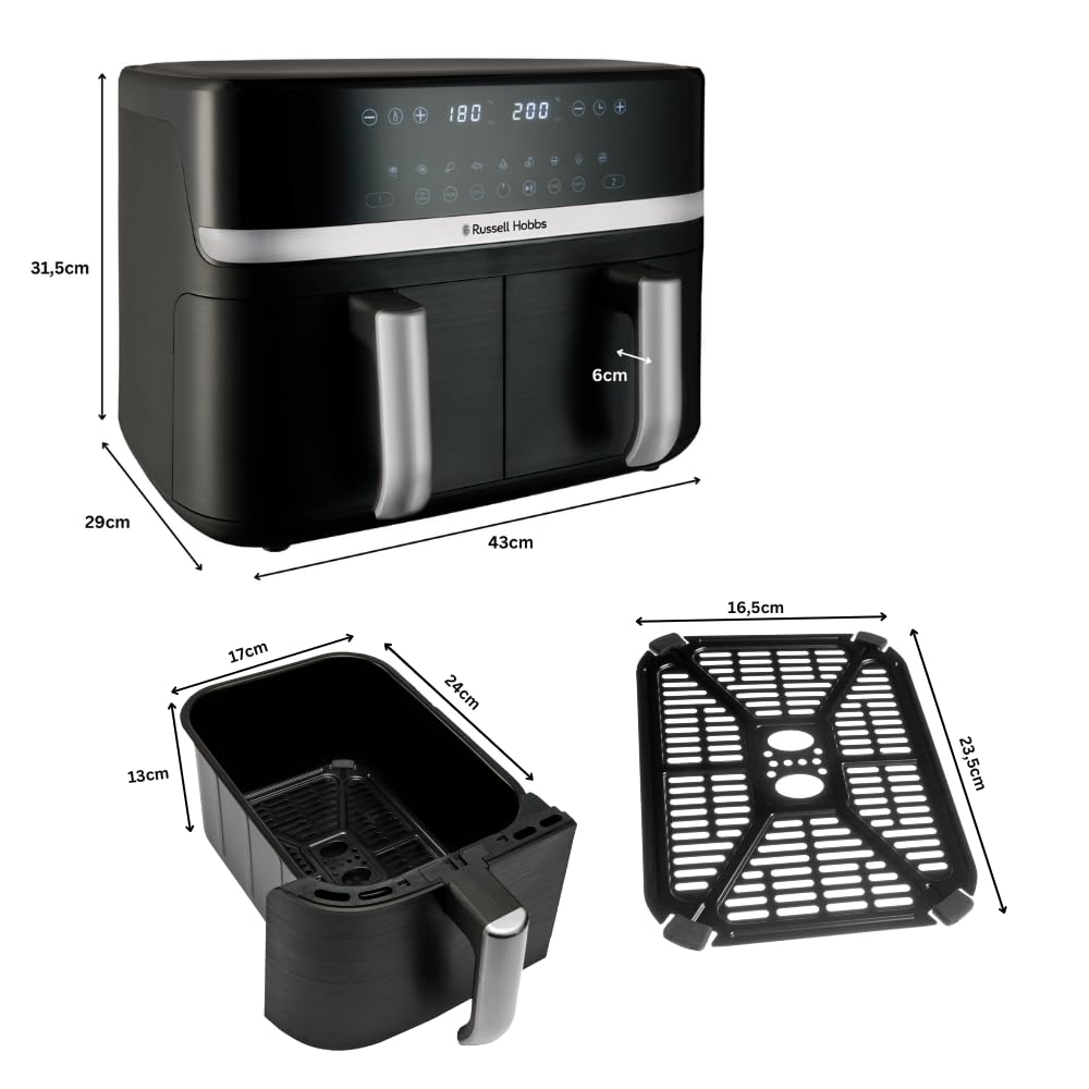 Russell Hobbs Heißluftfritteuse 2 Kammern 9L Rapid AirFryer [2 Fächer je 4,5l, sehr leiser Betrieb, 9 Programme] SatisFry Fritteuse (spülmaschinenfest, Match & Synchronisierungsfunktion) 27681-56