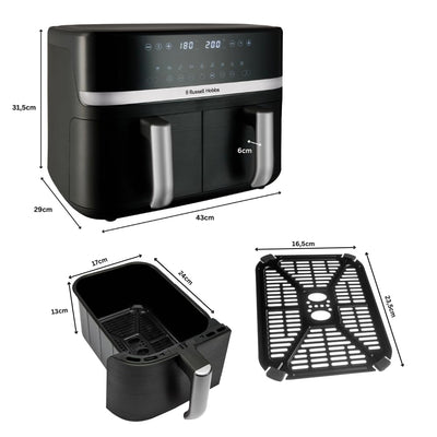 Russell Hobbs Heißluftfritteuse 2 Kammern 9L Rapid AirFryer [2 Fächer je 4,5l, sehr leiser Betrieb, 9 Programme] SatisFry Fritteuse (spülmaschinenfest, Match & Synchronisierungsfunktion) 27681-56