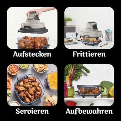 Ninja CRISPi tragbare Airfryer Heißluftfritteuse, 3,8 l, 4-in-1: Heißluftfrittieren, Braten, Warmhalten, Recrisp, kompakt, 6 Portionen, 2x herausnehmbare Glasbehälter & Deckel, 1700 W, Stein FN101EUST