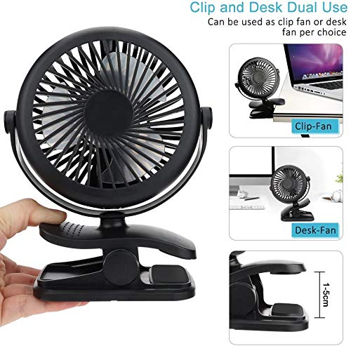 Mini USB Ventilator, Telgoner Leise Clip Tischventilator mit Wiederaufladbare Batterie, 3 Geschwindigkeitsstufen, 360 Drehbare Einstellbare Geschwindigkeiten für Schlafzimmer Büro Kinderwagen Camping