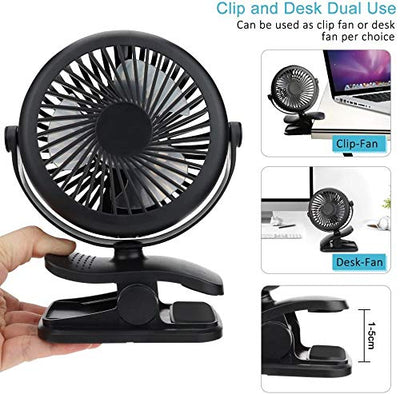 Mini USB Ventilator, Telgoner Leise Clip Tischventilator mit Wiederaufladbare Batterie, 3 Geschwindigkeitsstufen, 360 Drehbare Einstellbare Geschwindigkeiten für Schlafzimmer Büro Kinderwagen Camping
