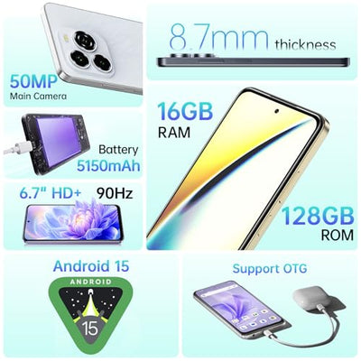 OUKITEL C65 Android 15 Handy Ohne Vertrag, 16GB+128GB/1TB Smartphone Ohne Vertrag, 6.7" HD+ 90Hz Handy Günstig, 50MP+8MP, 5150mAh Simlockfreie Handys, Dual SIM 3 Steckplatz/Fingerabdruck/3.5mm Jack