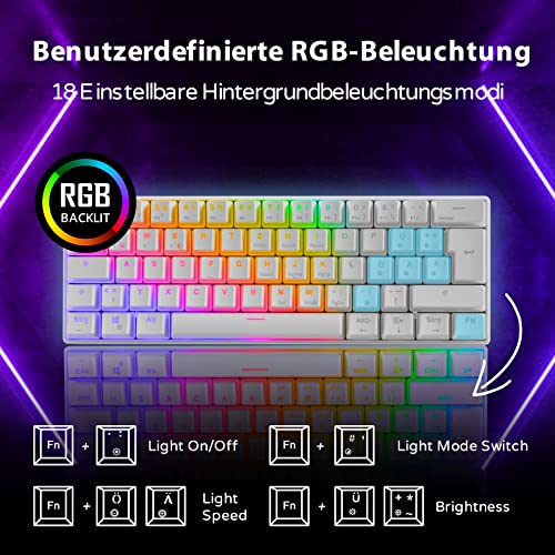 RK61 Mechanische Gaming-Tastatur, 2,4 GHz Wireless/Bluetooth/Wired 60% Mechanische Tastatur 61 Tasten Hot-Swap-fähiger Blauer Schalter mit RGB-Beleuchtung Kompatibel für Win/Mac, Weiß (QWERTZ)