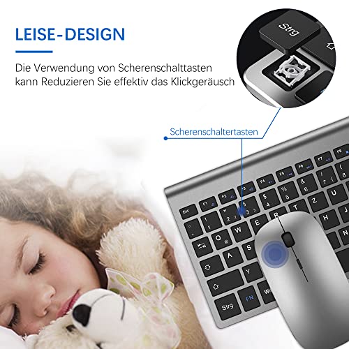 Tastatur Maus Set Ultra Slim, TopMate 2,4G Stille Compact USB 2400DPI Maus und Schissschalter Tastatur mit Abdeckung, mit 2 AA und 2 AAA Batterien für PC/Laptop/Windows/Mac - Grauschwarz