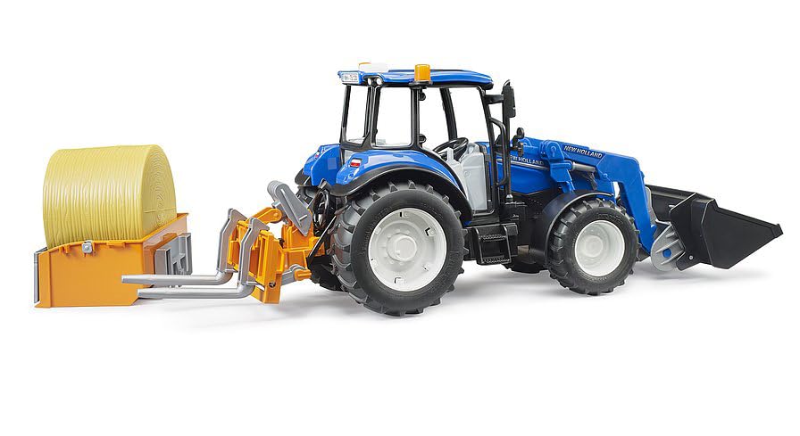 bruder 02187 - New Holland T5.120 mit Frontlader, Ladekasten, Gabeln und Rundballen - 1:16 Traktor, Fahrzeuge, Bauernhof, Bulldog