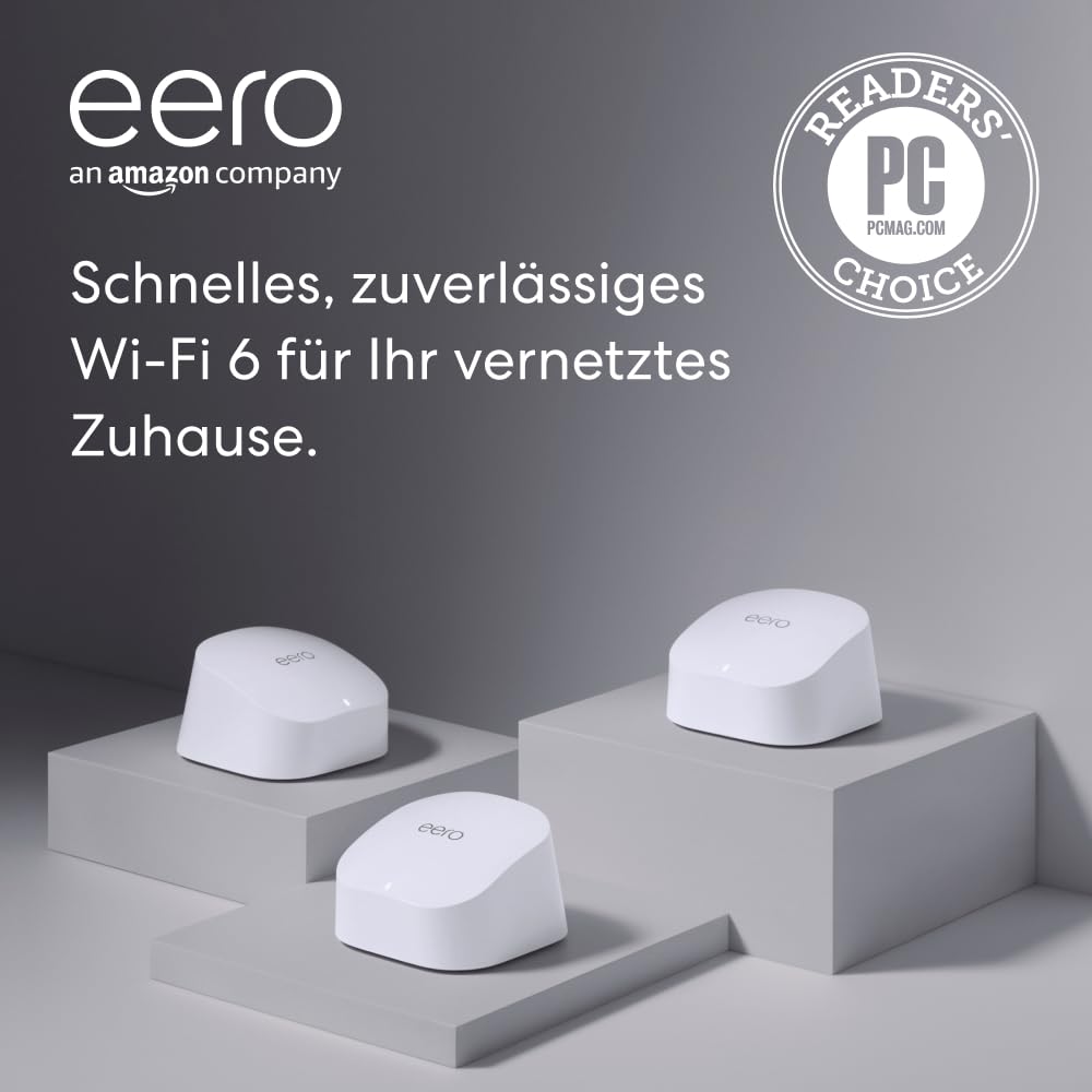 Amazon eero 6 Mesh-WLAN-Router | 500-Mbit/s-Ethernet | Bis zu 420 m² Abdeckung | Für Verbindungen mit über 75 Geräten | Dreierpack