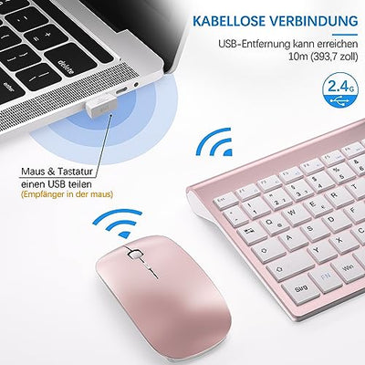 Tastatur Maus Set Ultra Slim, TopMate 2,4G Stille Compact USB 2400DPI Maus und Schissschalter Tastatur mit Abdeckung, mit 2 AA & 2 AAA Batterien für PC/Laptop/Windows/Mac-Rose Gold Weiß