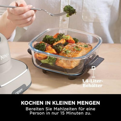 Ninja CRISPi tragbare Airfryer Heißluftfritteuse, 3,8 l, 4-in-1: Heißluftfrittieren, Braten, Warmhalten, Recrisp, kompakt, 6 Portionen, 2x herausnehmbare Glasbehälter & Deckel, 1700 W, Stein FN101EUST