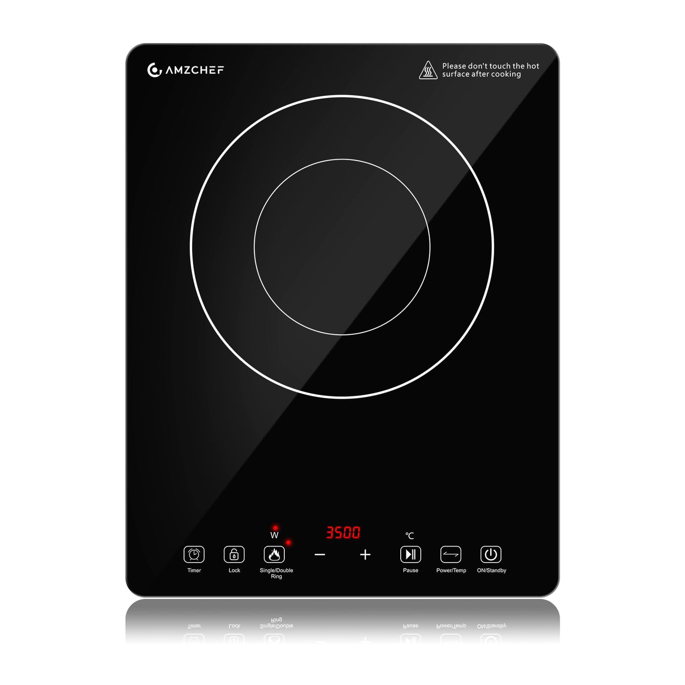 AMZCHEF Einzel Induktionskochplatte, 3500W Induktionskochfeld 1 Platte mit Doppelter Ring, 9 Leistungs- und Temperaturstufen, Sicherheitssperre, Pausenfunktion, Zeitschaltuhr, Überhitzungsschutz
