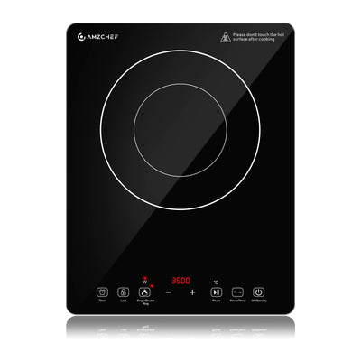 AMZCHEF Einzel Induktionskochplatte, 3500W Induktionskochfeld 1 Platte mit Doppelter Ring, 9 Leistungs- und Temperaturstufen, Sicherheitssperre, Pausenfunktion, Zeitschaltuhr, Überhitzungsschutz