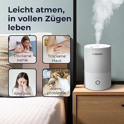 Noaton Essential Luftbefeuchter, 3,3L Top-fill, 33H Laufzeit, 7-Farben-Nachtlicht, Leiser Raumluftbefeuchter, 360°Drehbare, für Kinderzimmer und Pflanzen Schlafzimmer