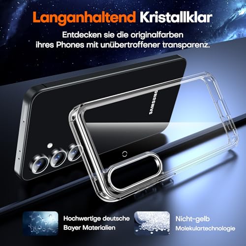 TAURI 3 in 1 für Samsung Galaxy S24 FE Hülle, Handyhülle für S24 FE Case, mit 1 Handyhülle + 2 Stück Schutzfolie, Anti-Gelb Stoßfest Schutzhülle -Transparent