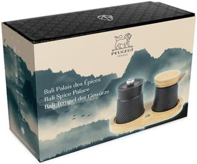 PEUGEOT - Geschenkset Bali Palais des Épices - Pfeffermühle 8 cm aus Gusseisen + Salzbehälter aus Gusseisen + Bambustablett - Klassische Mahlgradeinstellung - Schwarz/Naturfarben