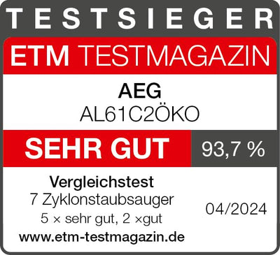 AEG CLEAN 6000 ÖKO AL61C2ÖKO Staubsauger beutellos / ETM Testsieger (SEHR GUT) / 60 % Recyclingmaterial / 550 W / Zusatzdüsen / Softräder / 74 dB(A) / 12m Aktionsradius / 1,6L Staubbehälter / Schwarz