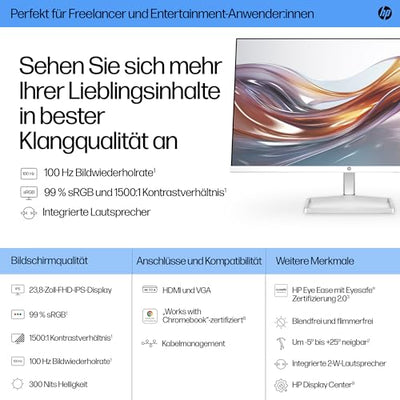 HP Series 5 524sa FHD IPS Monitor mit Lautsprechern | 60,5 cm (23,8 Zoll) | 100Hz | 16:9 | 1500:1 Kontrast | 99% sRGB | HDMI 1.4 | VGA | Entspiegelt | Neigung -5°+25° | Nachhaltig produziert | Weiß